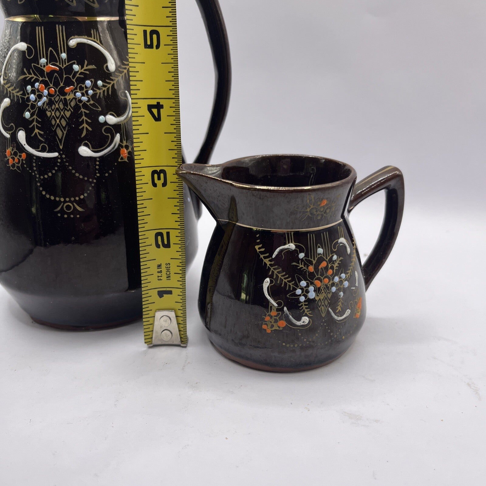 Vintage Brown Betty Pitcher & Creamer hand painted gold gilded Redware Moorage