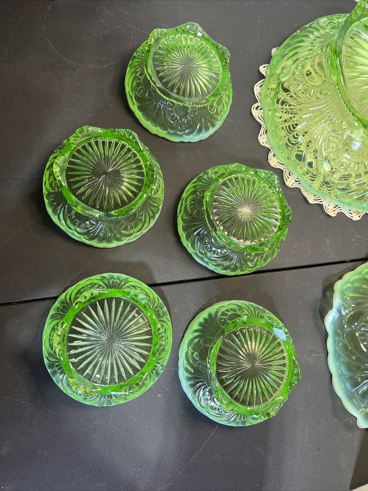 Antique Jefferson Glass 1907 Tokyo Green Opalescent Large, Med & 5 Small Bowls