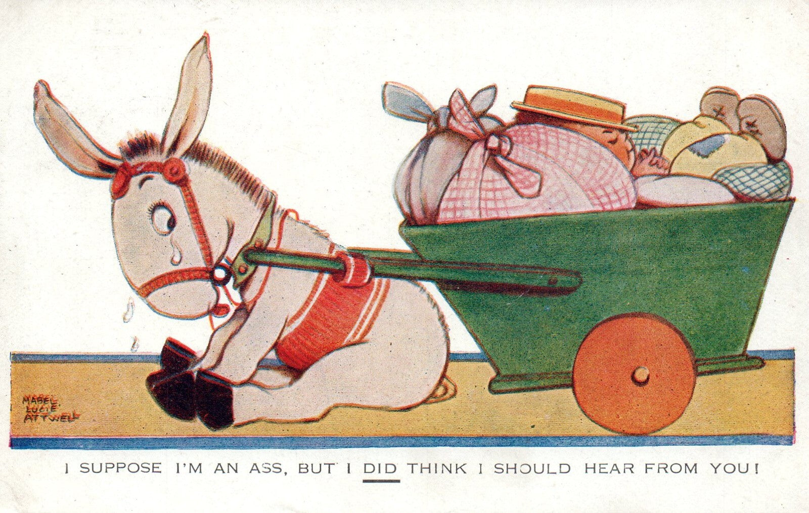 Donkey Pulling Hobo in cart Artist Signed Mabel Lucie Attwell #1287