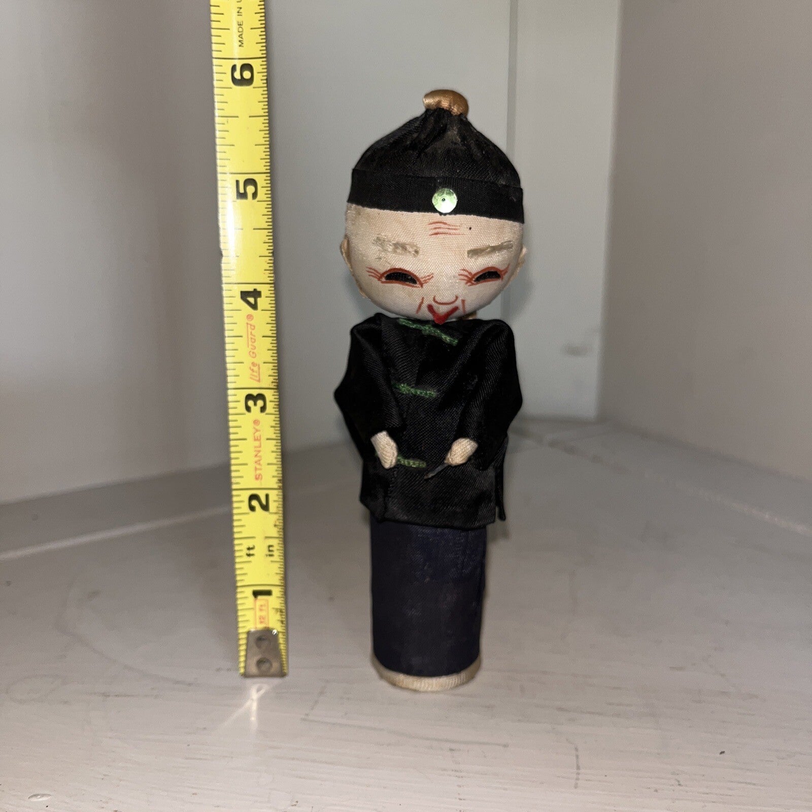 Vintage Asian Chinese Traditional Cloth Doll 6” Silk Hand Painted Black
