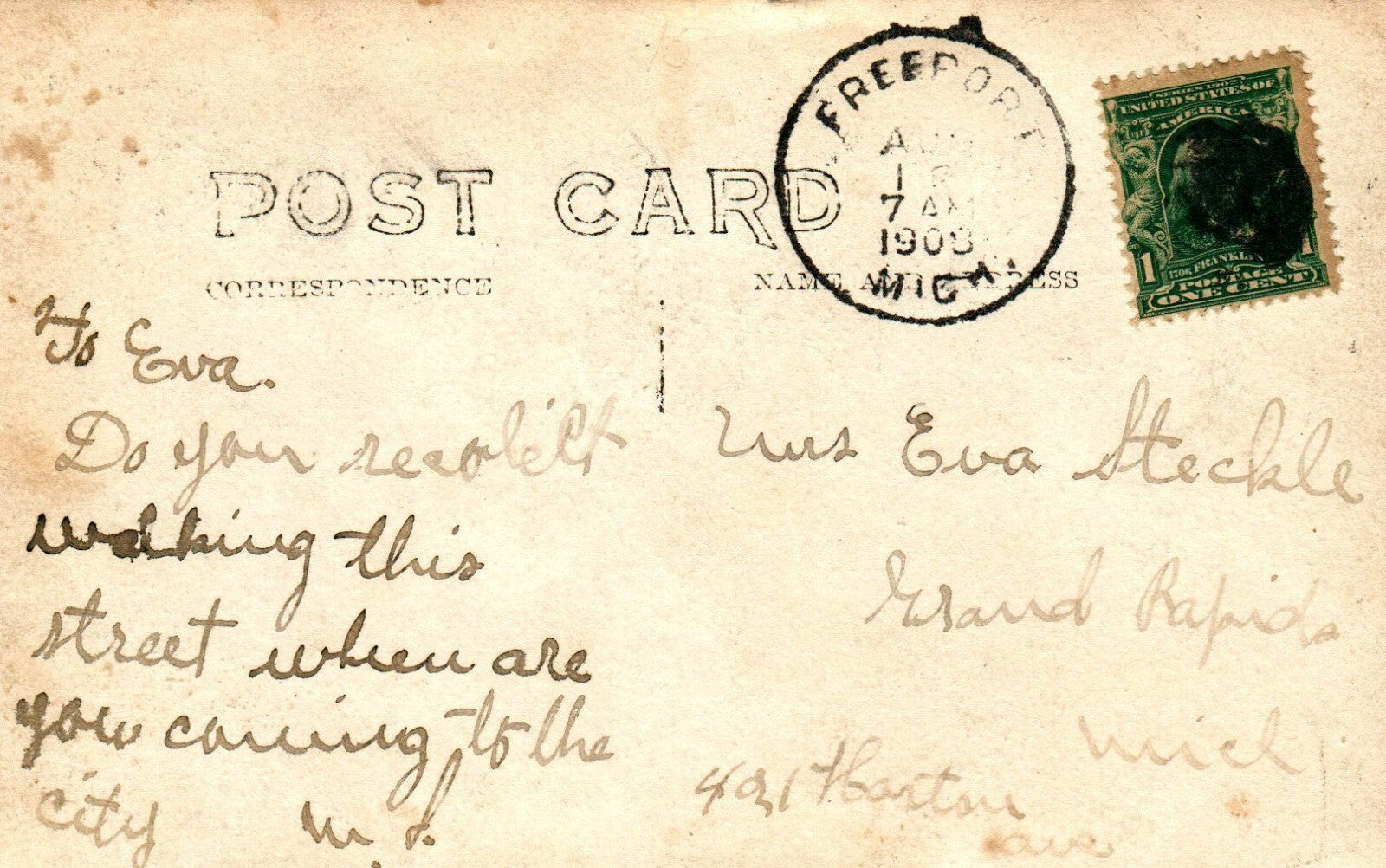 1908 Real Photo Cherry Street Church Freeport  Michigan MI Postcard