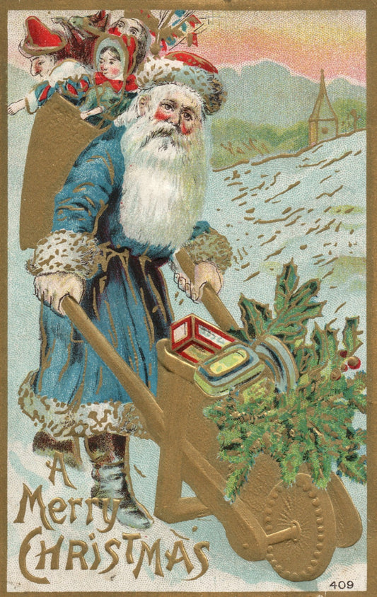 Blue Robed Bright Red Cheeked Santa Claus Gold Wheel Barrel Toys Embossed