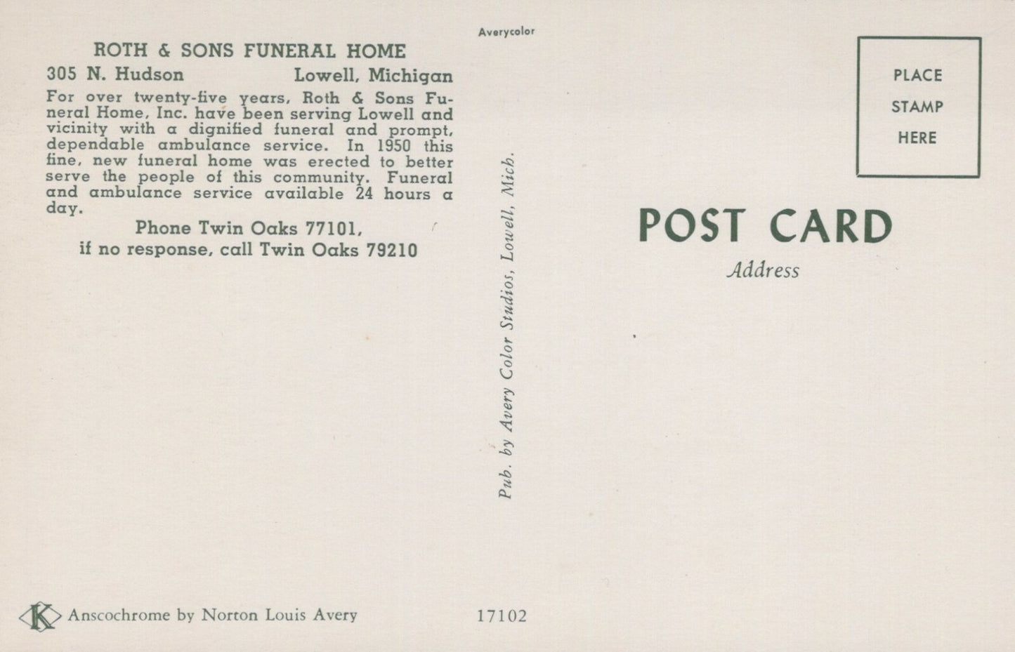 17102 Roth and Sons Funeral Home 305 N Hudson Lowell MI Michigan Mich Postcard