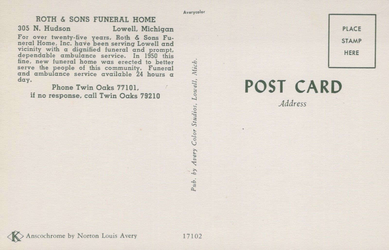 17102 Roth and Sons Funeral Home 305 N Hudson Lowell MI Michigan Mich Postcard