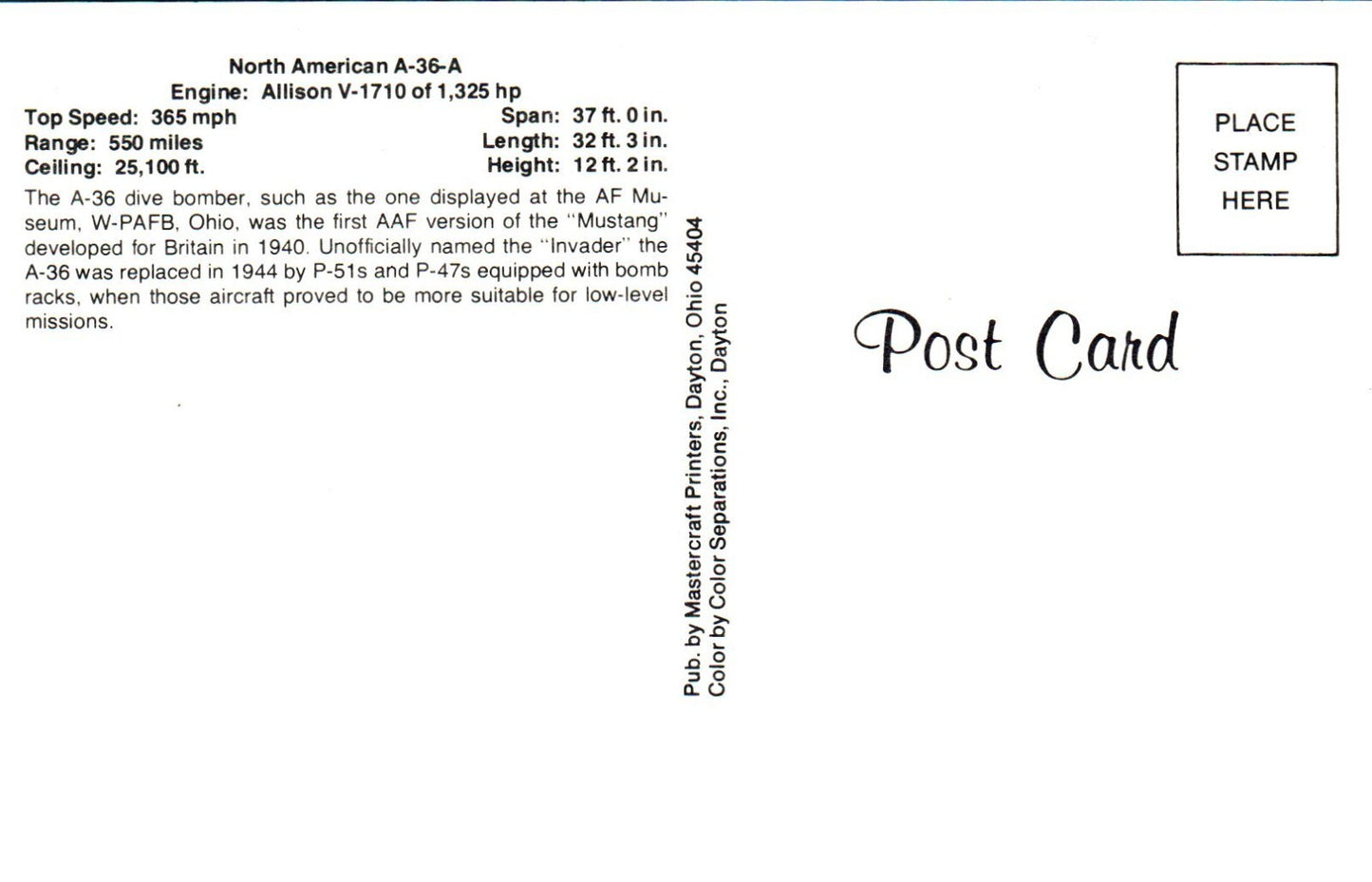 North American A-36-A  Dive Bomber Airplane Postcard