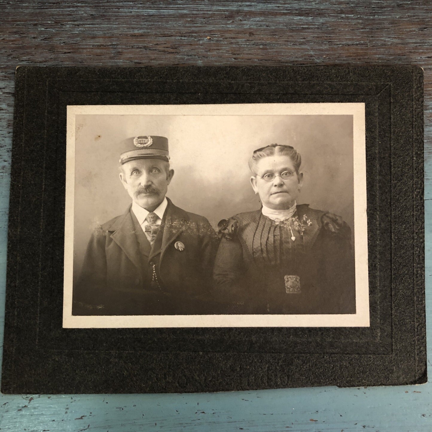 Conductor Wearing Political Pin Hat "KOTM" and Wife Antique Cabinet Card Photo