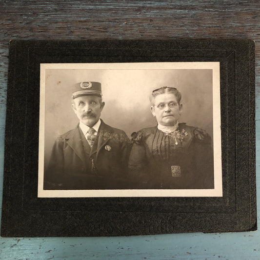 Conductor Wearing Political Pin Hat "KOTM" and Wife Antique Cabinet Card Photo