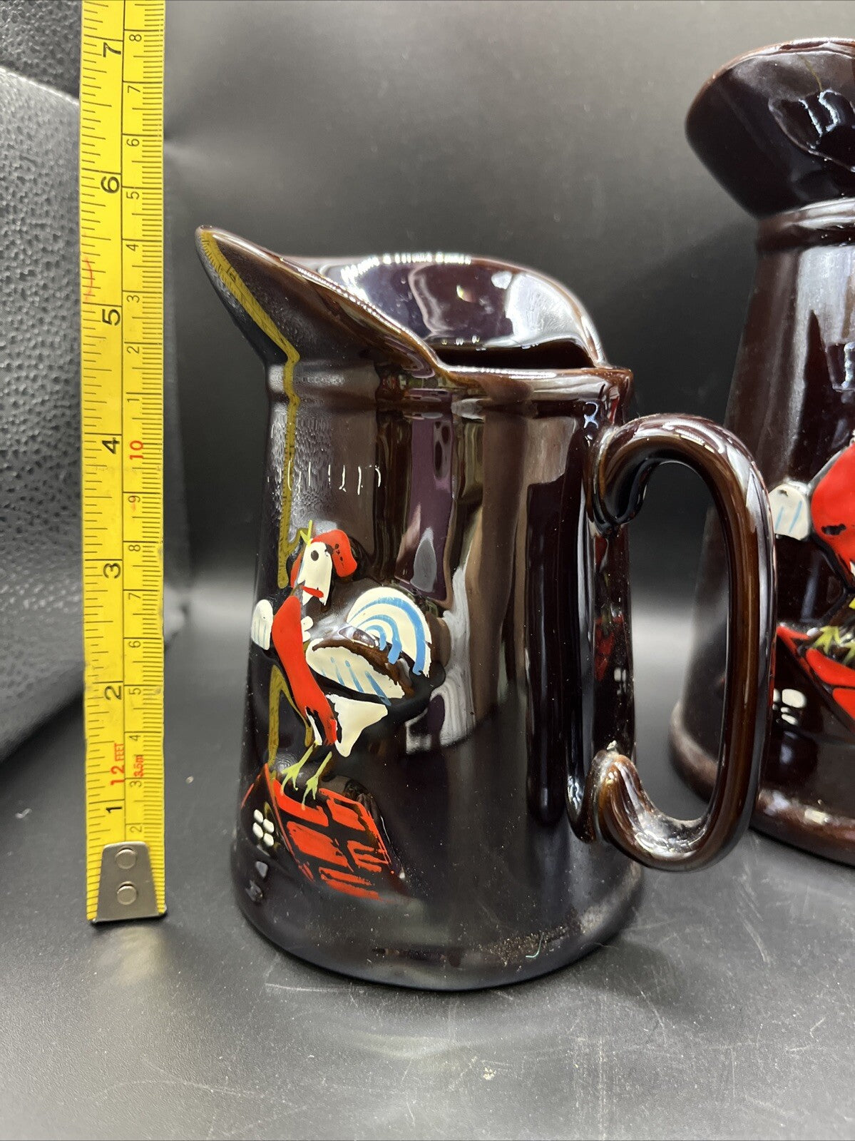 Unbranded Pair Iridescent Brown Hand Painted Embossed Rooster Pottery Pitchers