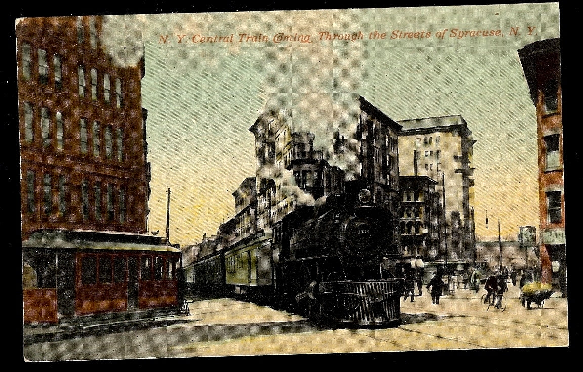NY Central Train Coming THrough Streets of Syracuse New York NY Postcard