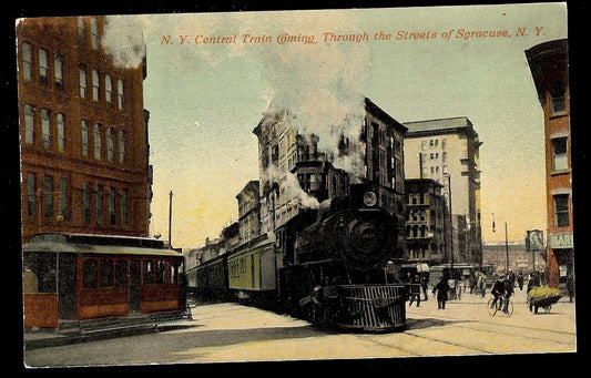 NY Central Train Coming THrough Streets of Syracuse New York NY Postcard