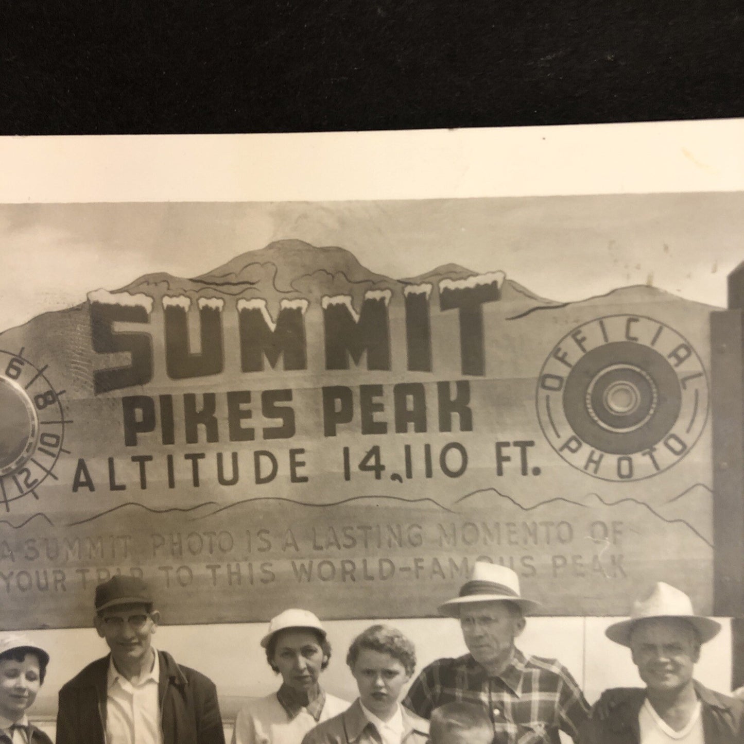 Real Photo Summit Pikes Peak 9 People Stand by Cadillac car dated July 9 1957