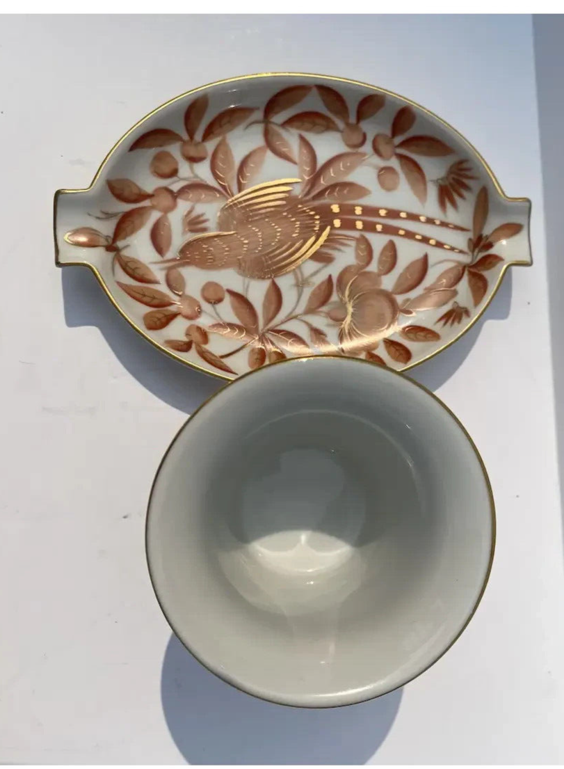 Vintage Herend Hungary Porcelain Small Footed Cache Vase Matching Ashtray Bird