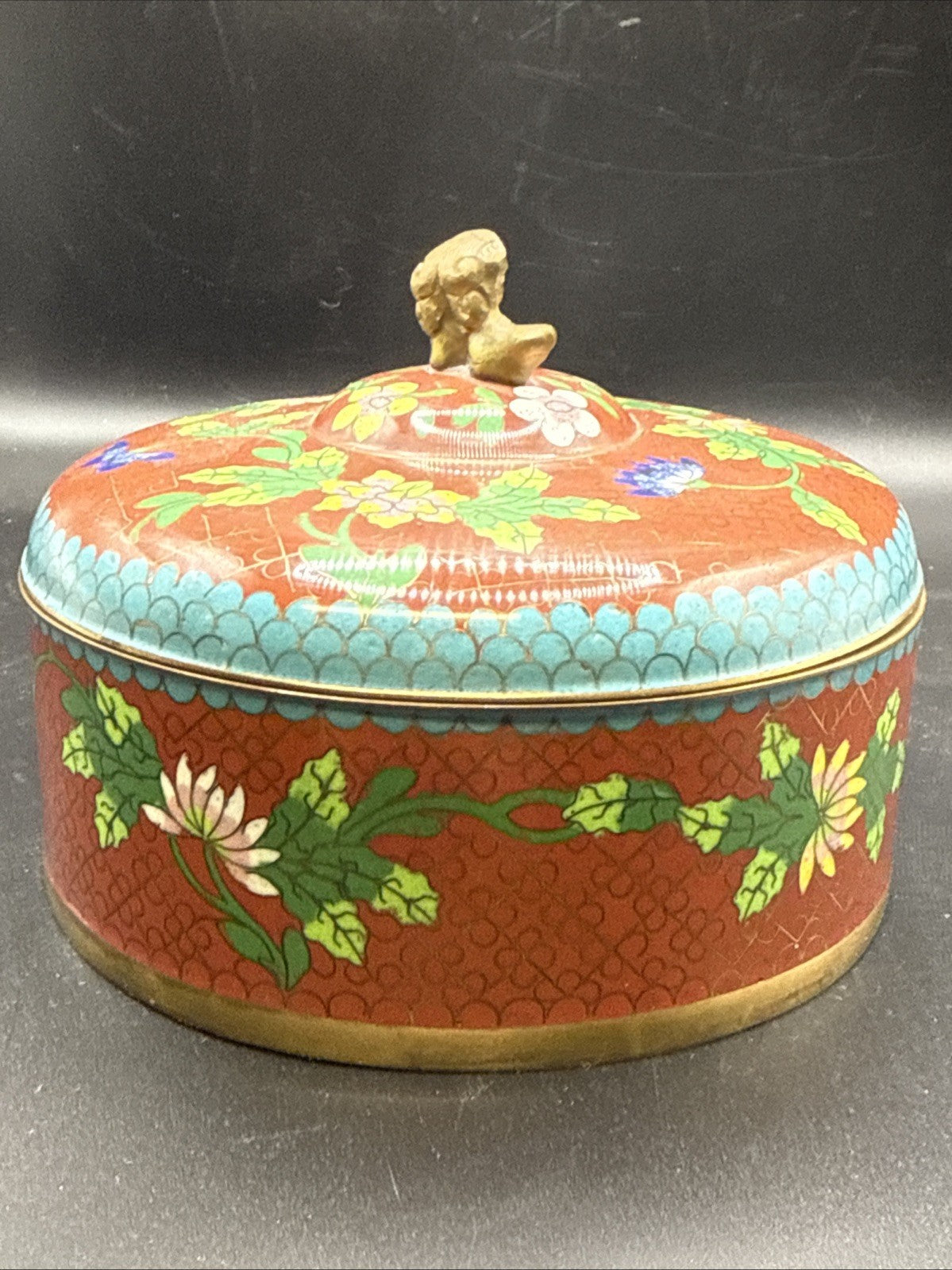 Foo Dog Finial Chinese Enamel Brass Cloisonne Round Box Vintage -5.5  tin red