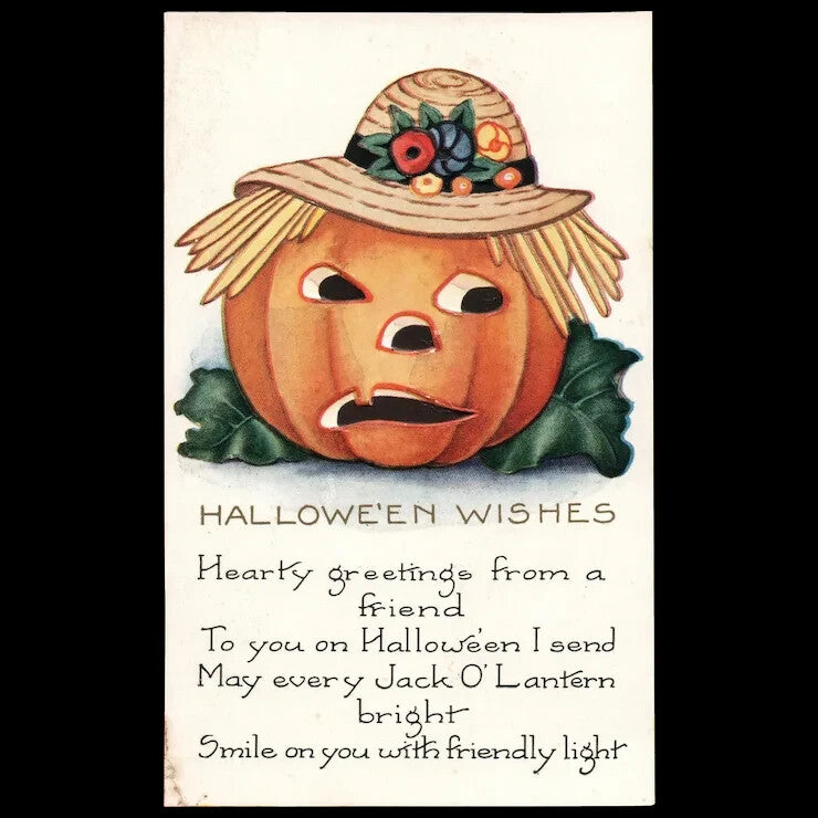 Halloween Wishes Pumpkin Scarecrow Vintage Postcard by Whitney