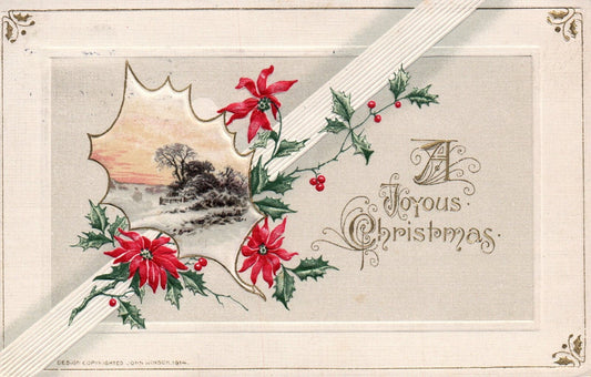 Vintage John Winsch A Joyous Christmas Snowy Trees Christmas Poinsettia Postcard