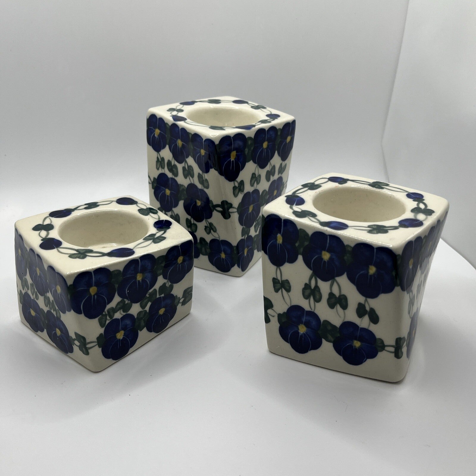 Polish Pottery Candle Holders Wild Blueberry Artistic Ceramics Set Of 3
