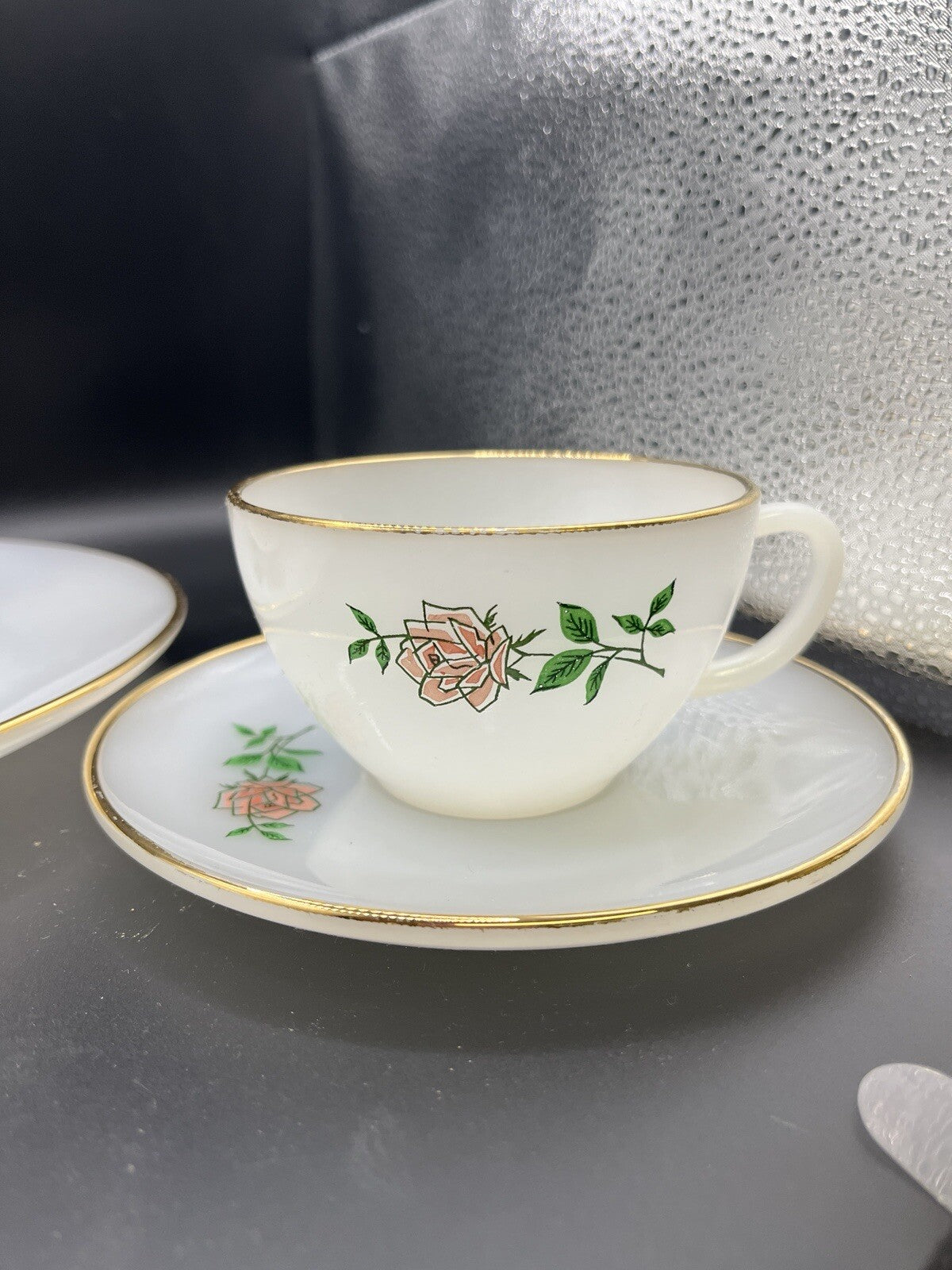 Vintage Anchor Hocking Fire-King Anniversary Rose 4 Plates, Bowls, & Cup & Sauc