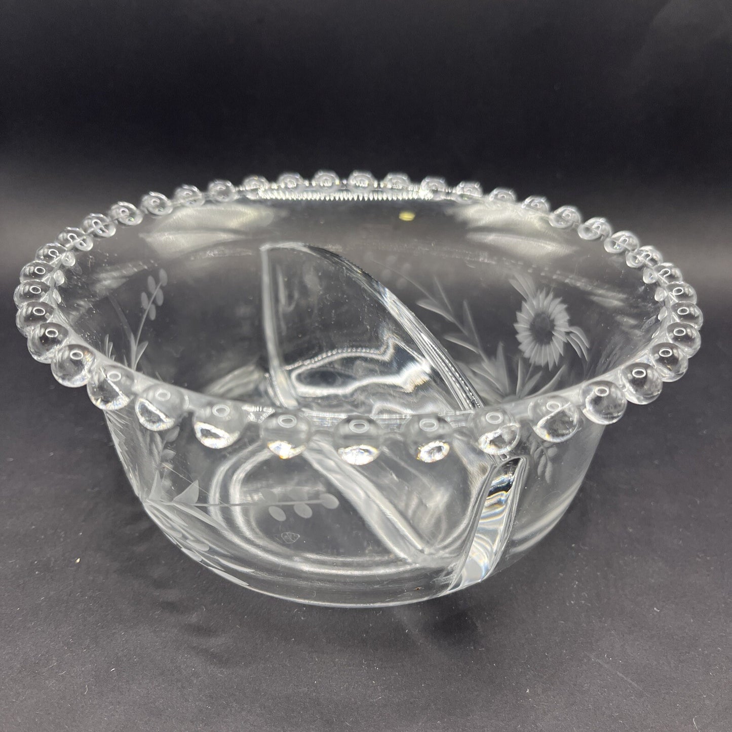 Imperial Candlewick Elegant Glass FLORAL ETCHED DIVIDED BOWL 3 1/2" T, 6 1/2" W