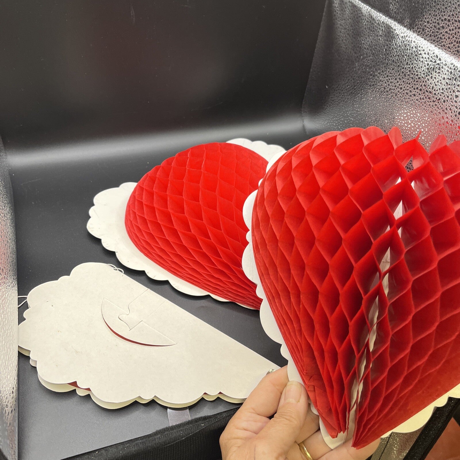 VTG Honeycomb Tissue Paper Valentine Day Hearts Decor  aprox 4" x 9" FOLDED Size