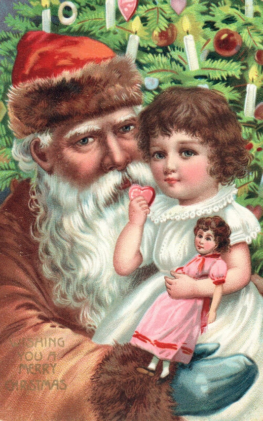 Wishing You a Merry Christmas Santa with Little Girl Toy Vintage Santa Postcard