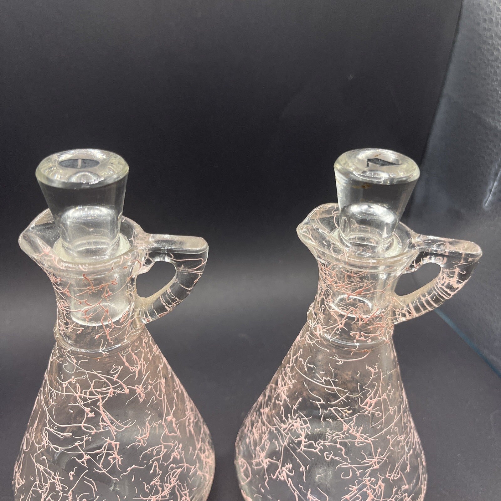 Rare 1950's Heisey Spider Web Pink Oil & Vinegar Bottles
