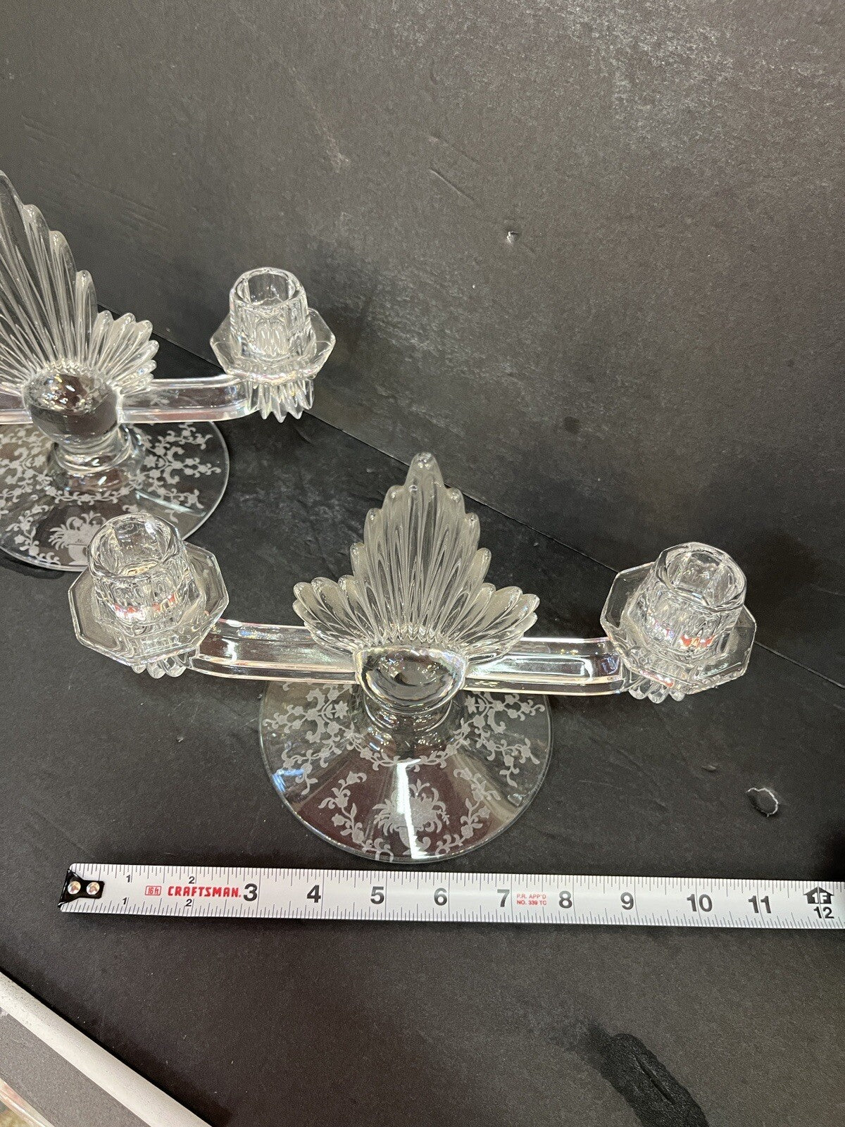VTG art deco FOSTORIA double flame lido CRYSTAL Candleholder w/etched base (2)