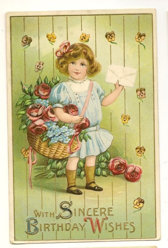 Girl Blue Dress Roses in Basket Birthday Wishes Greeting Series 2283 Postcard