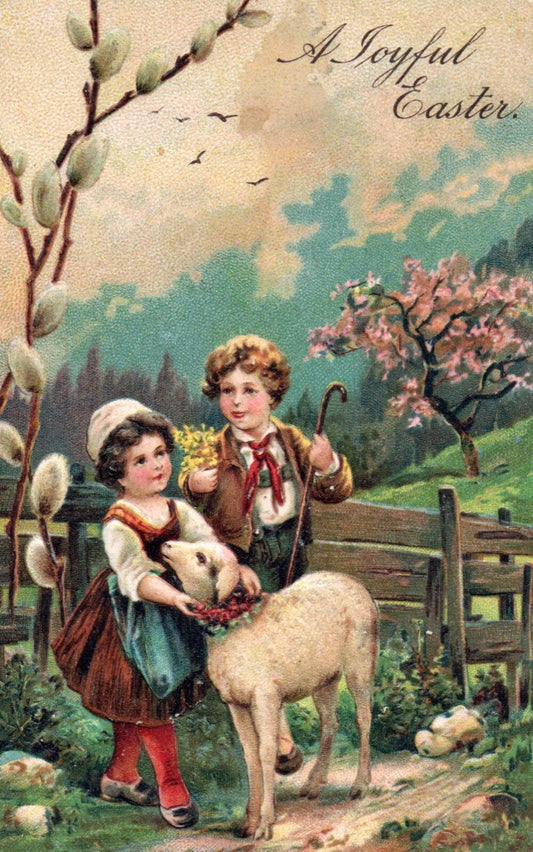 A Joyful Easter Children With Sheep in Pasture Vintage Easter Postcard