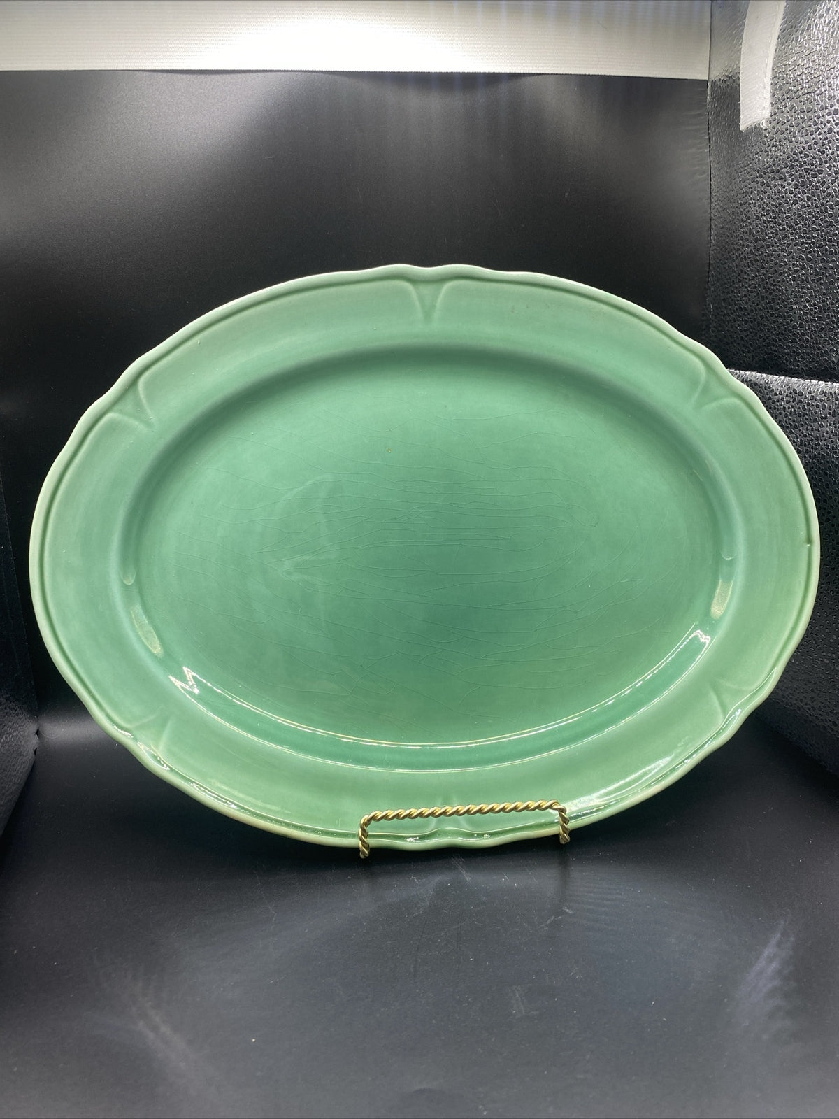 13.5 Oval Platter Vintage Mount Clemens Petal Medium Green 1930's Petalware