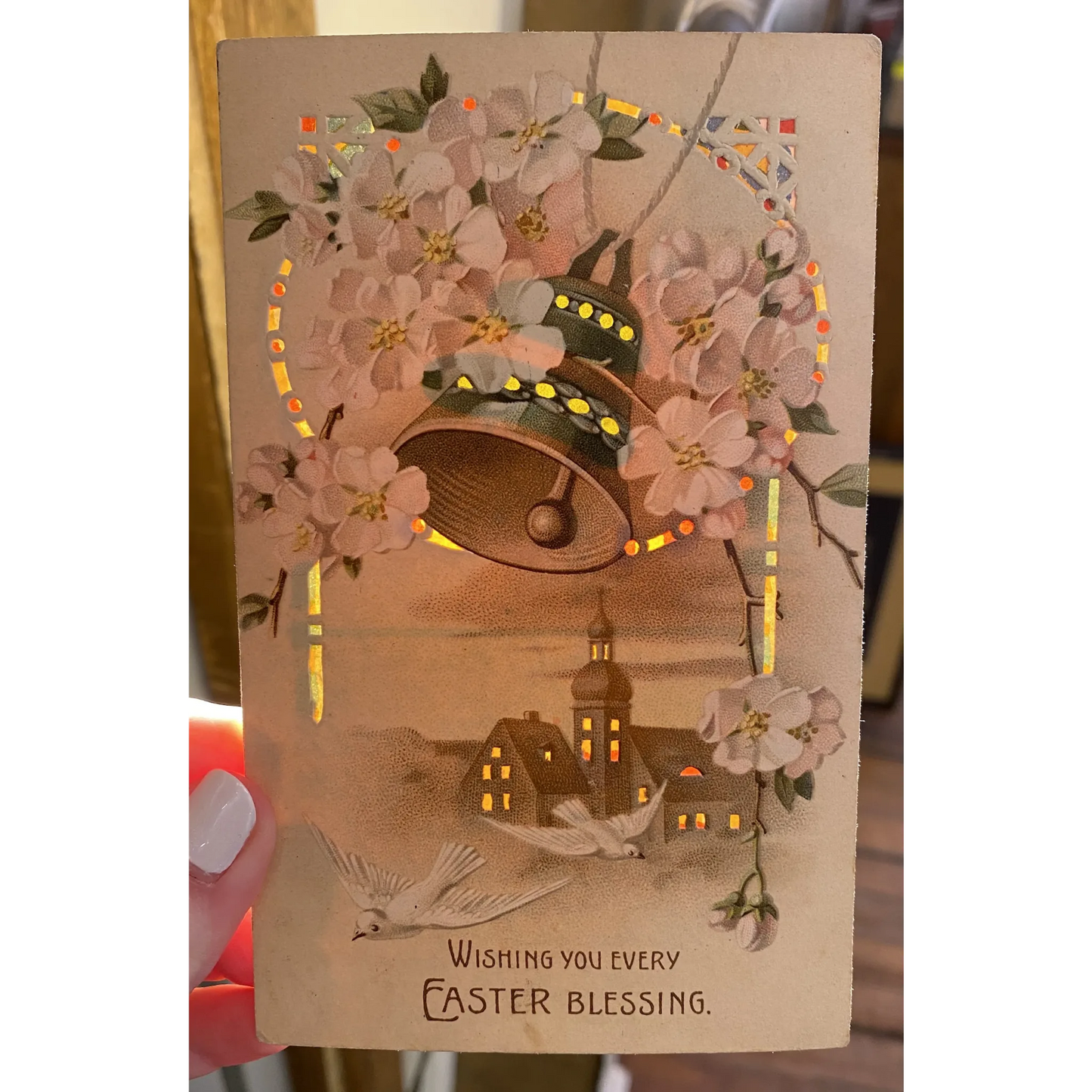 Wishing You Every Easter Blessing Church Bell & Dove Vintage HTL Postcard