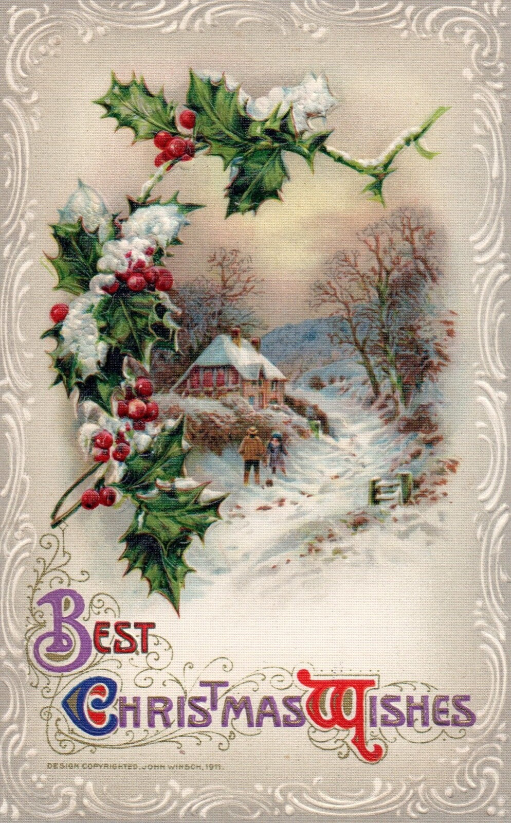 John Winsch Best Christmas Wishes People on Snowy Path Vintage Postcard