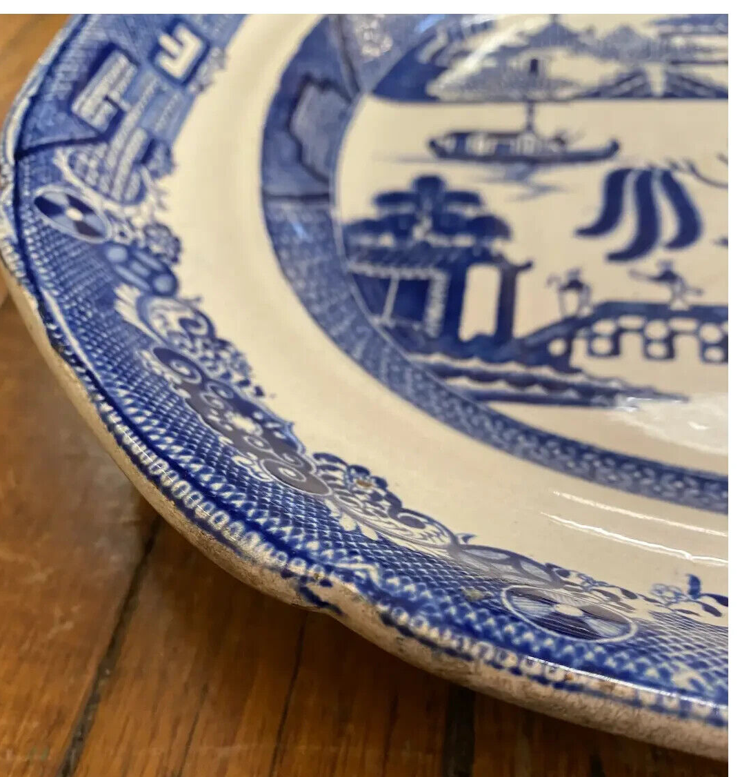 c1860 Staffordshire Adams Blue Willow Antique Platter 17" x 13" White