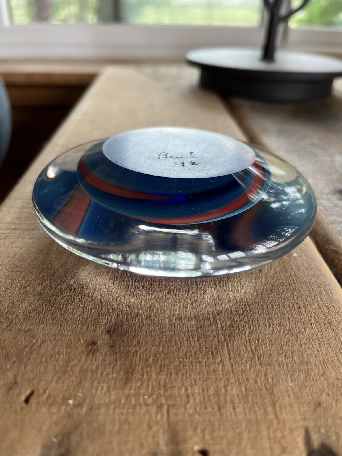 Robert Burch Glass Round Flat Multicolor Dome Center Bubble Paperweight Signed