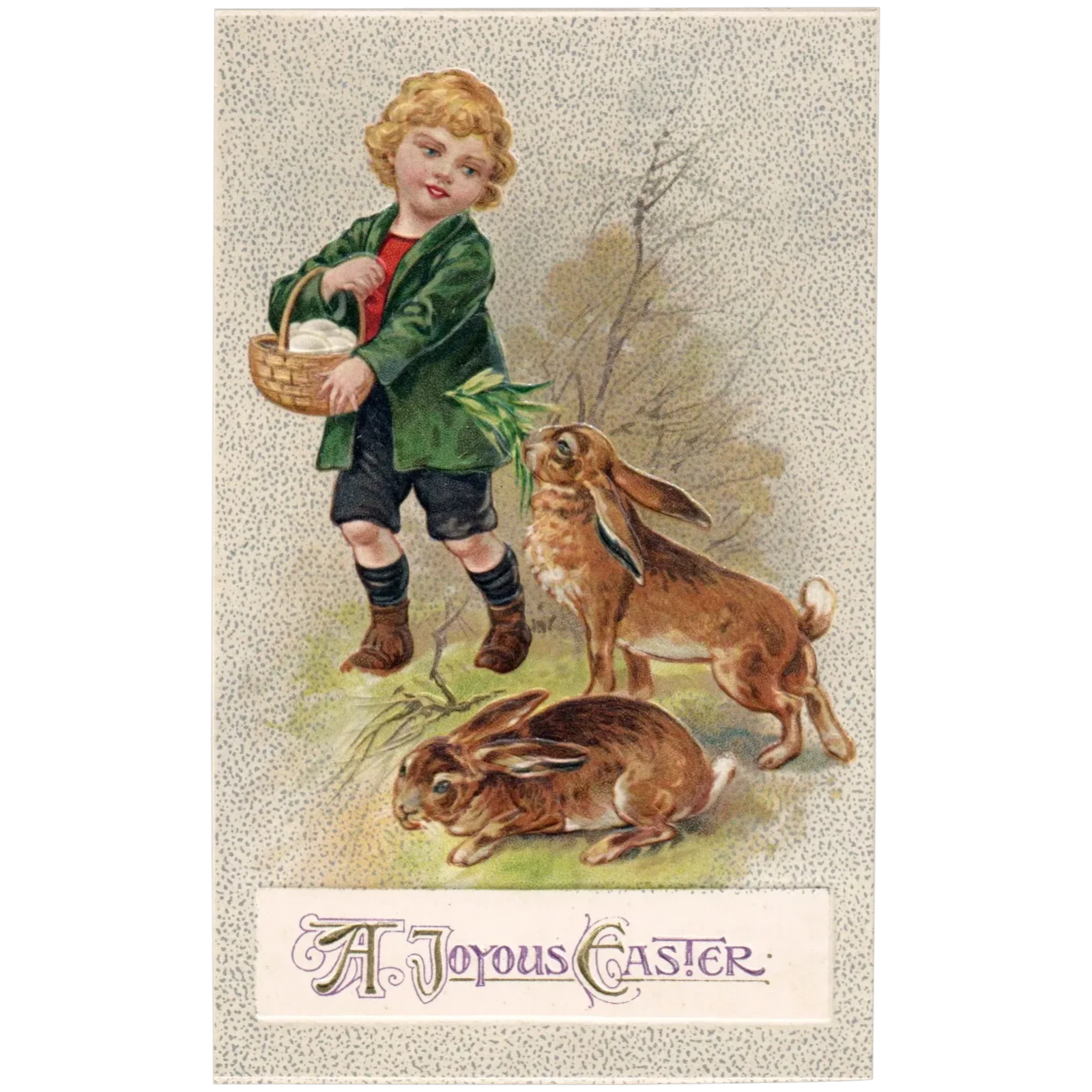 John Winsch A Joyous Easter Little Boy Collecting Eggs Bunny Easter Postcard