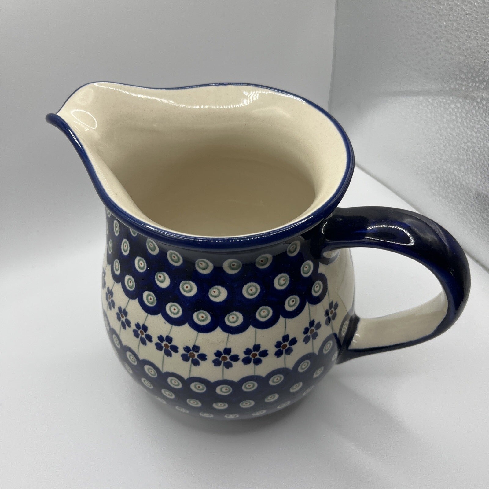 New Polish Pottery Boleslawiec Water Pitcher 6.5” High Blue Flower Authentic
