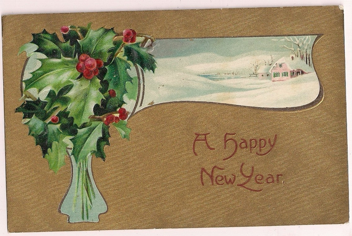 Happy New Year John Winsch Winter Scene with Holly in vase Gold Gilt Postcard