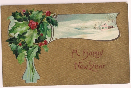 Happy New Year John Winsch Winter Scene with Holly in vase Gold Gilt Postcard