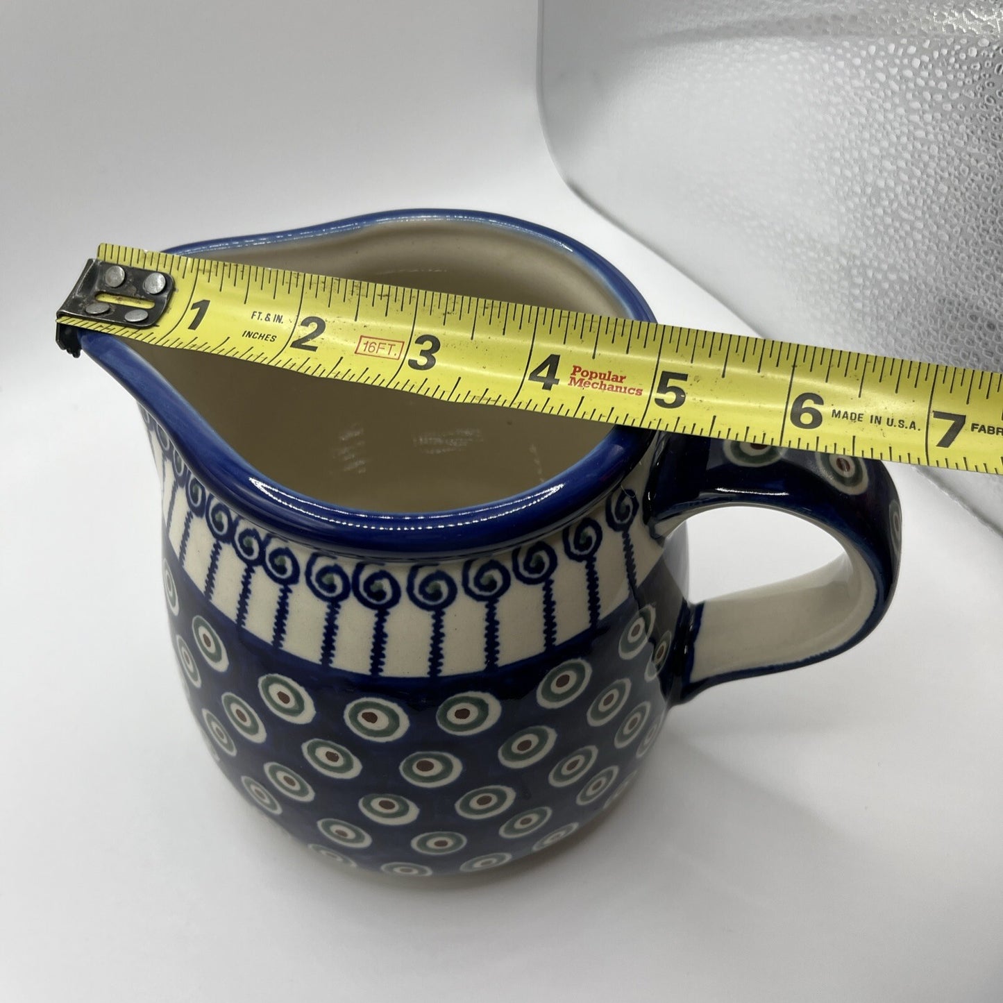 New Polish Pottery Boleslawiec Water Pitcher 5” High Blue Flower Authentic