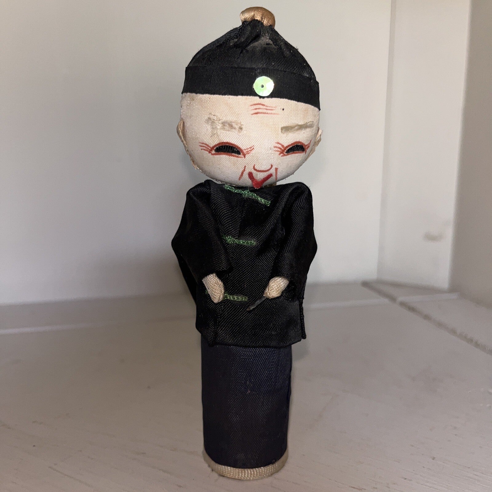 Vintage Asian Chinese Traditional Cloth Doll 6” Silk Hand Painted Black