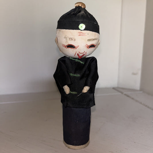 Vintage Asian Chinese Traditional Cloth Doll 6” Silk Hand Painted Black