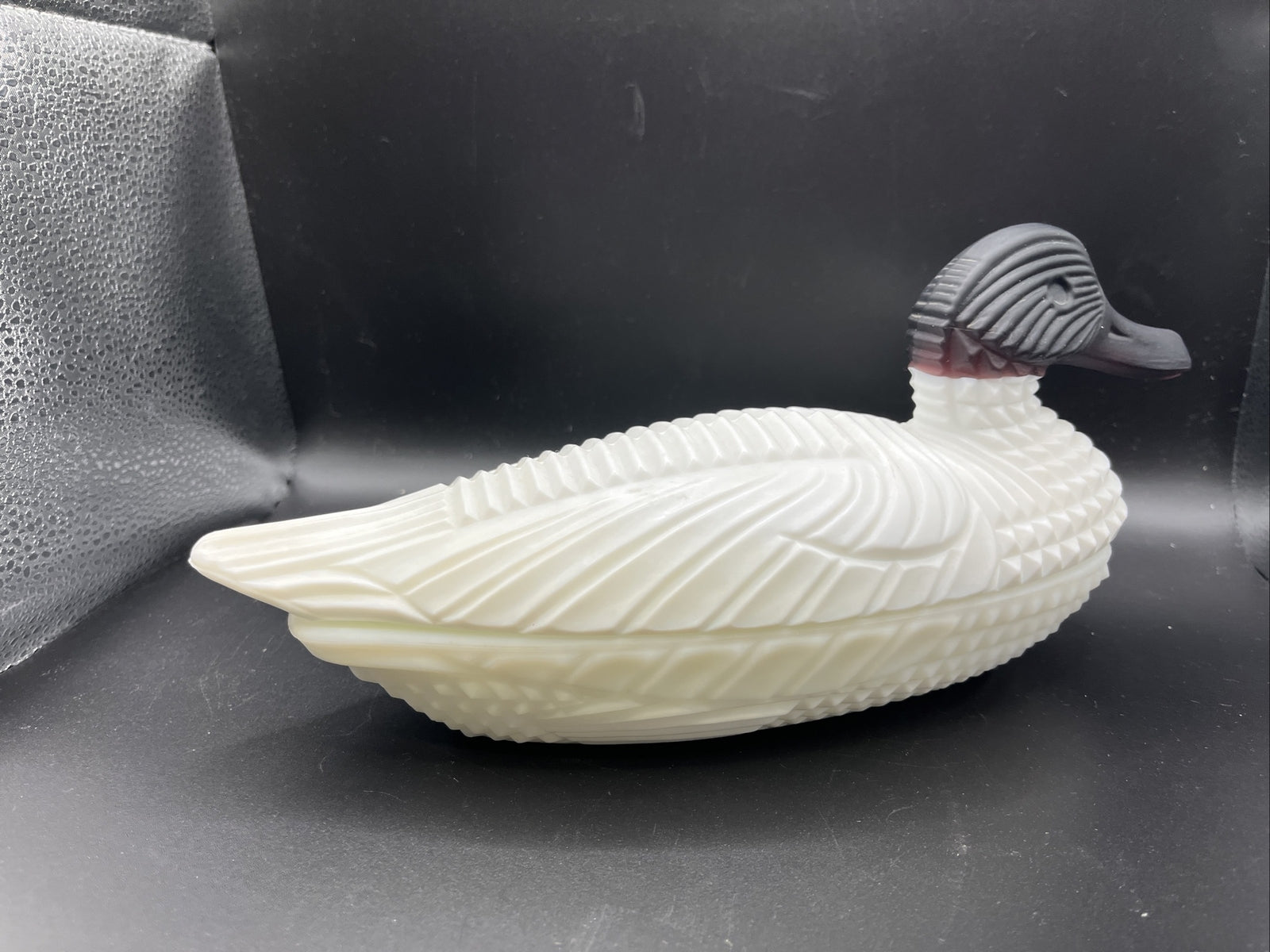 #20 Antique Milk Glass Att. Duck w/Amethyst Head