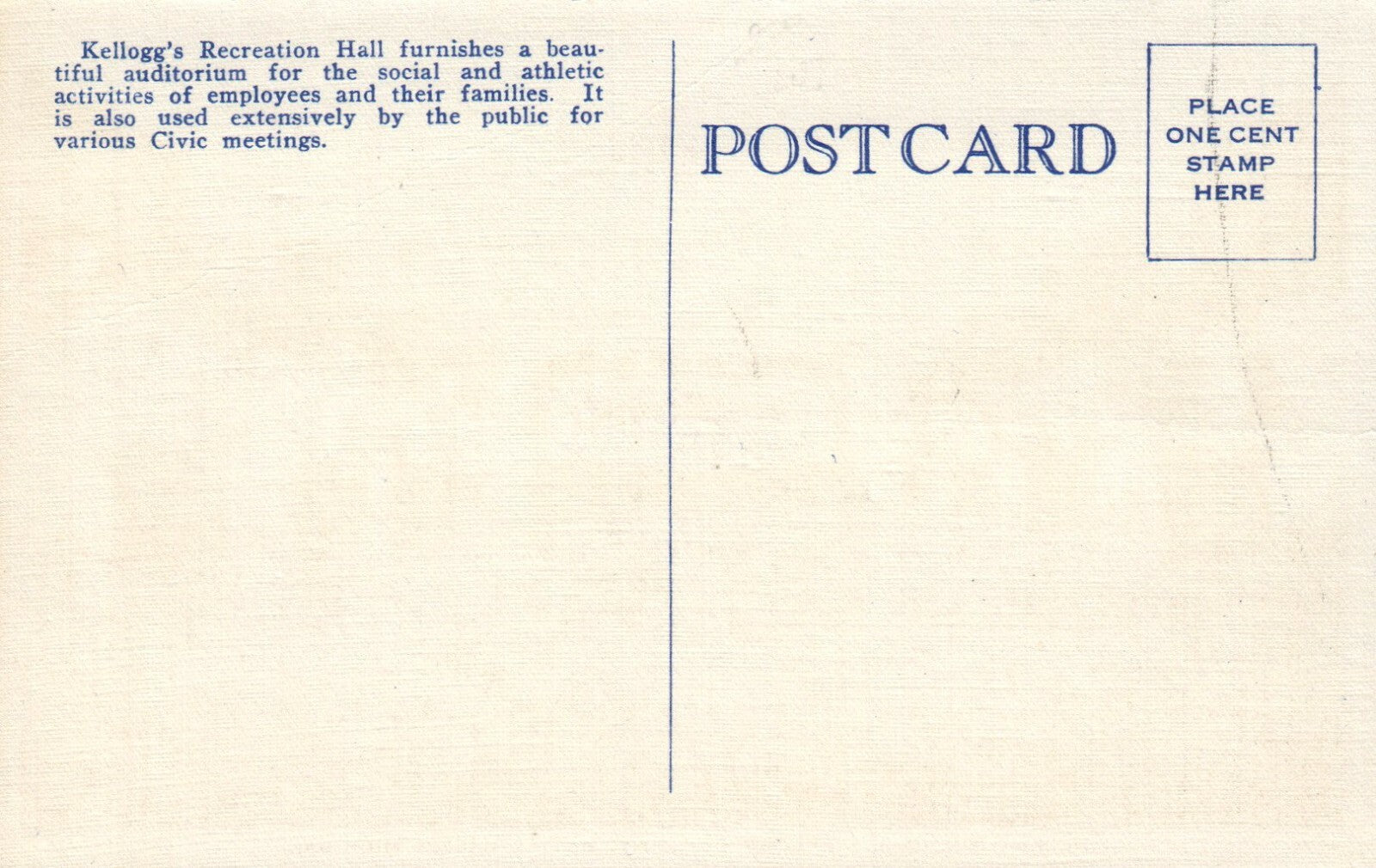 Recreation Hall, Kellog Company Battle Creek Michigan Mich MI Postcard