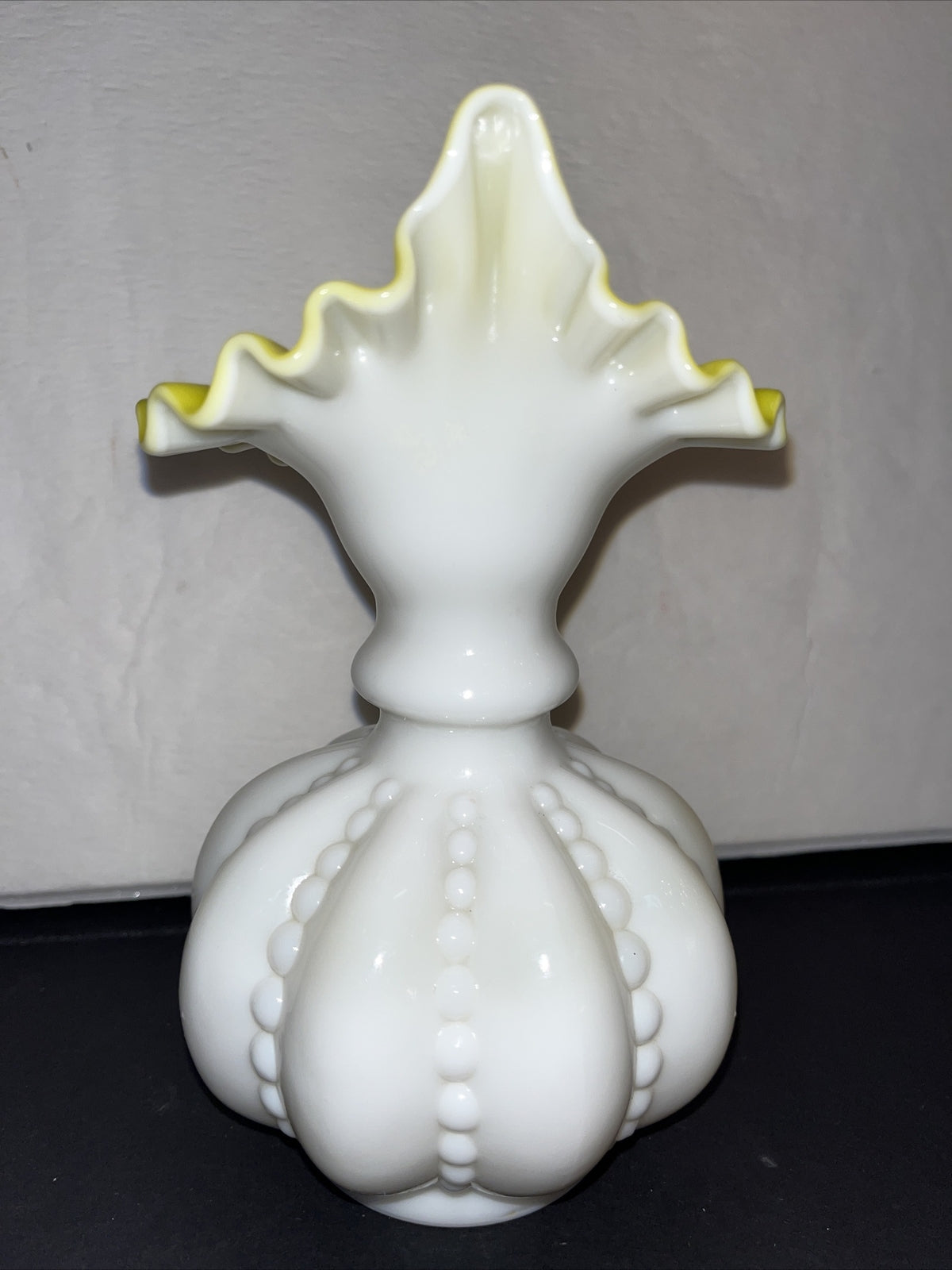 Fenton Vtg Mini Yellow Overlay Beaded Melon Vase 7” Rare