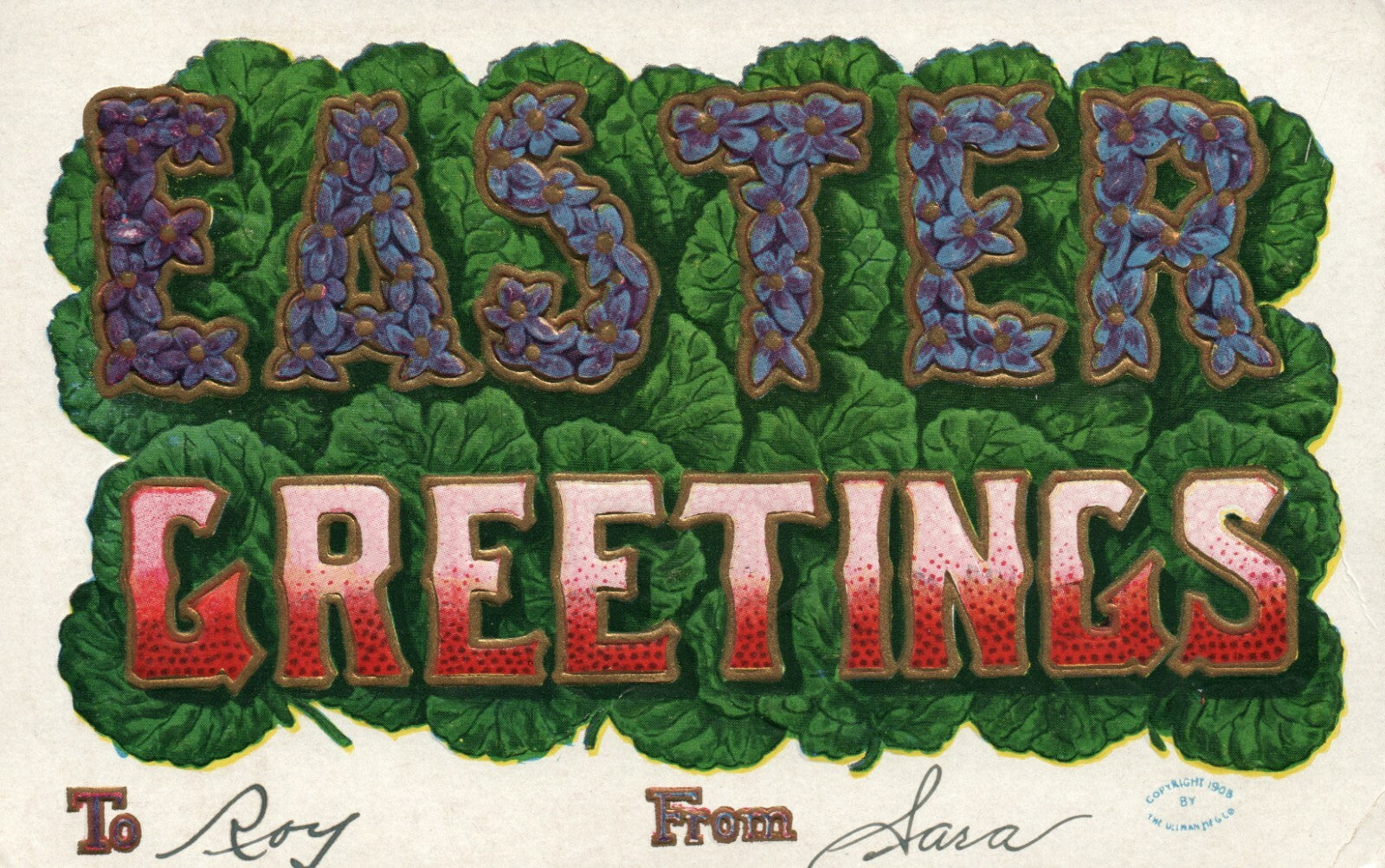 Ullman Gold Embossed Violets Series 130 Easter Postcard