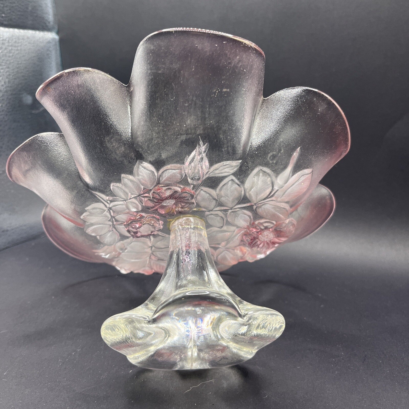 Glass Footed Candy Dish - 2 Tone Pink and Clear, Flowers Leaves Hummingbirds 8”