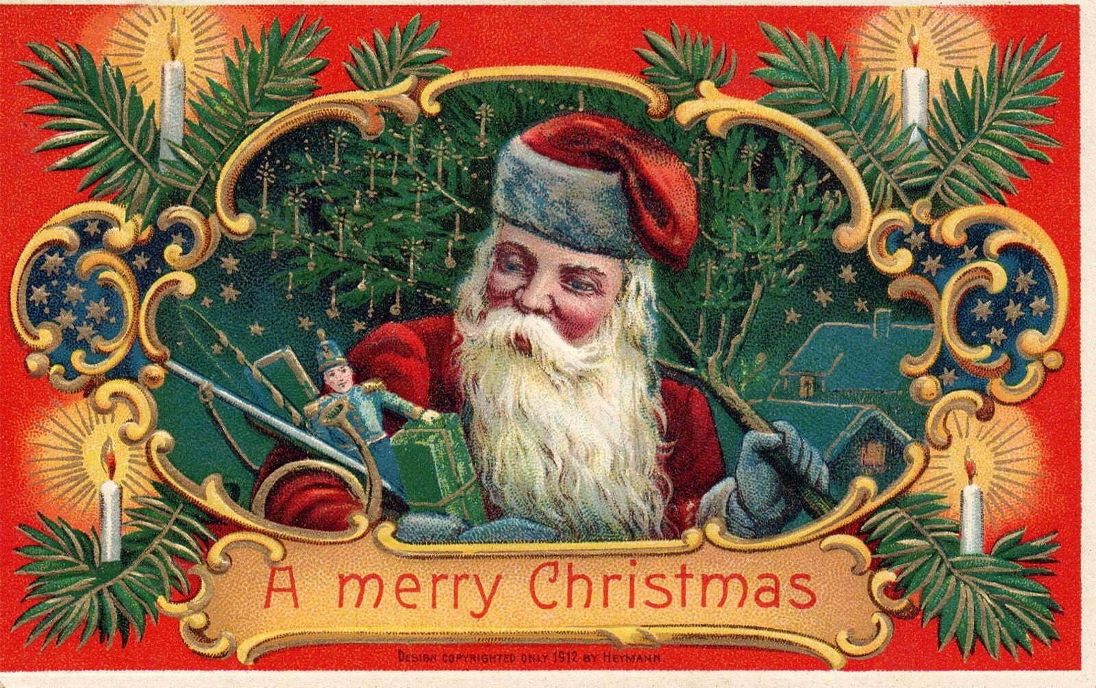 A Merry Christmas Santa Carrying Presents & Tree Vintage Santa Postcard