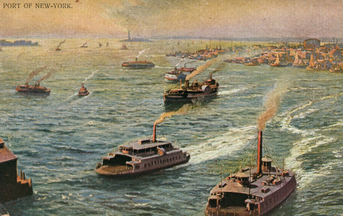 Port Of New York At Sunset Steam Boats  NYC NY Postcard