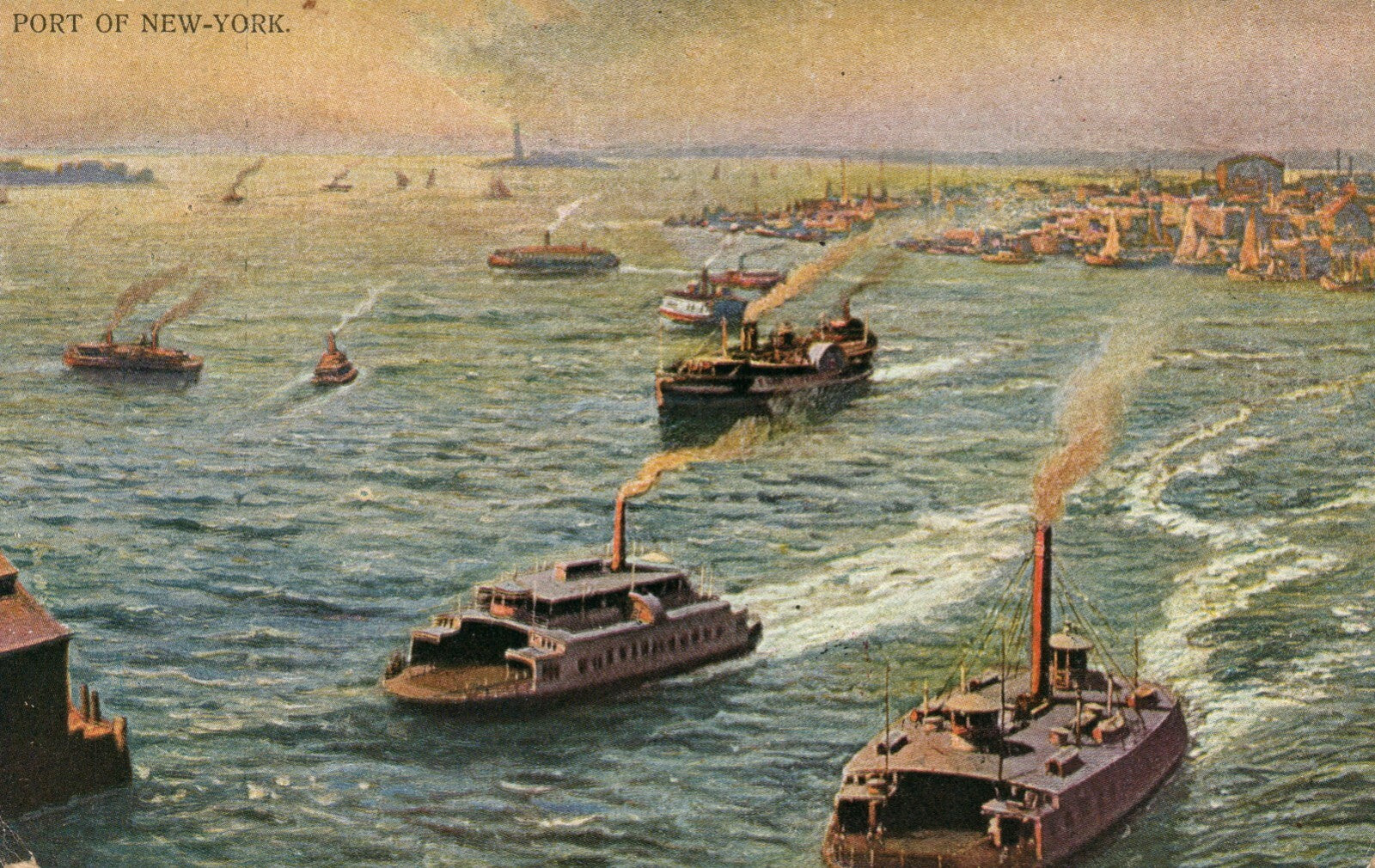 Port Of New York At Sunset Steam Boats  NYC NY Postcard