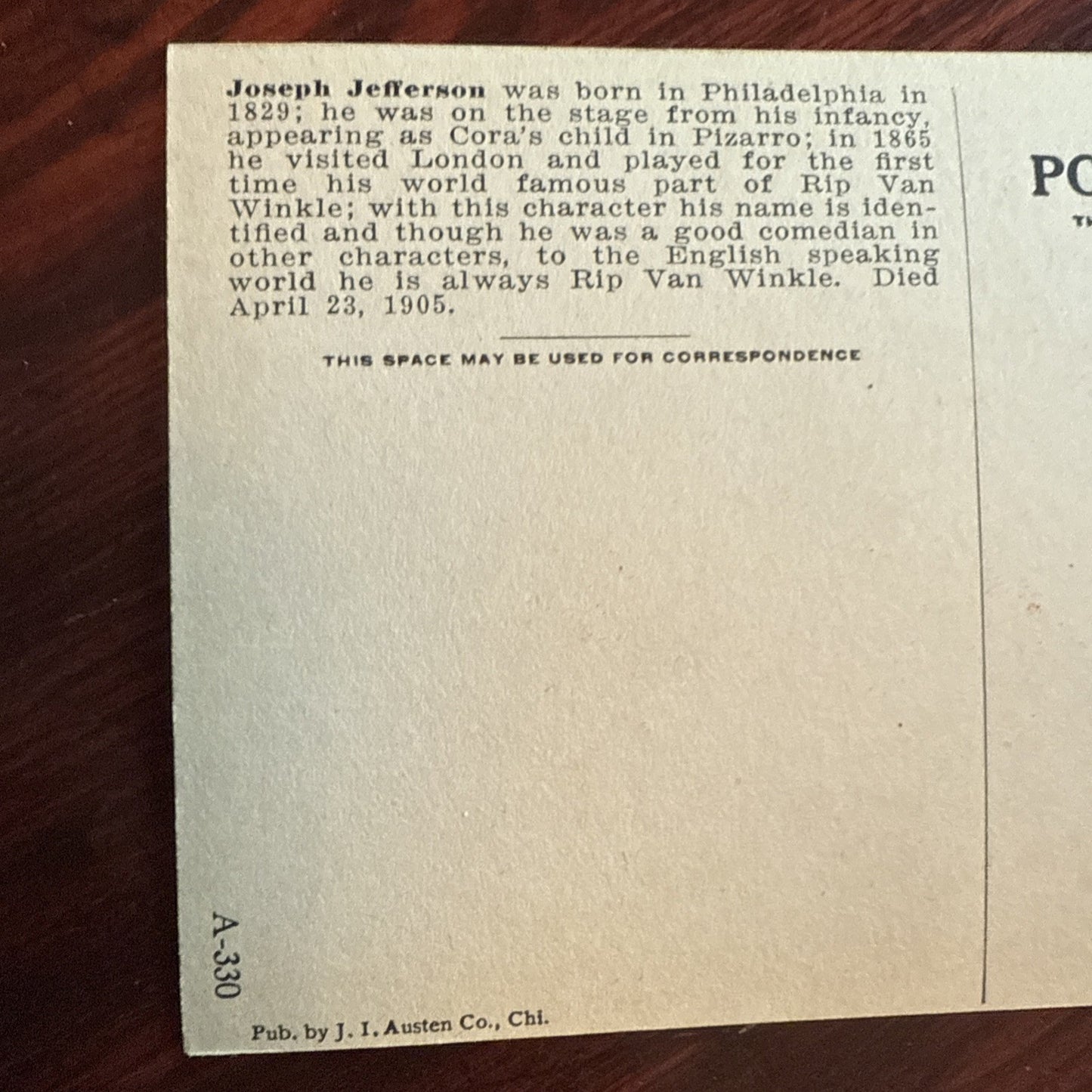 Joseph Jefferson J I Austen Postcard PEGASUS Arts Theater Writing 1910's *Scarce