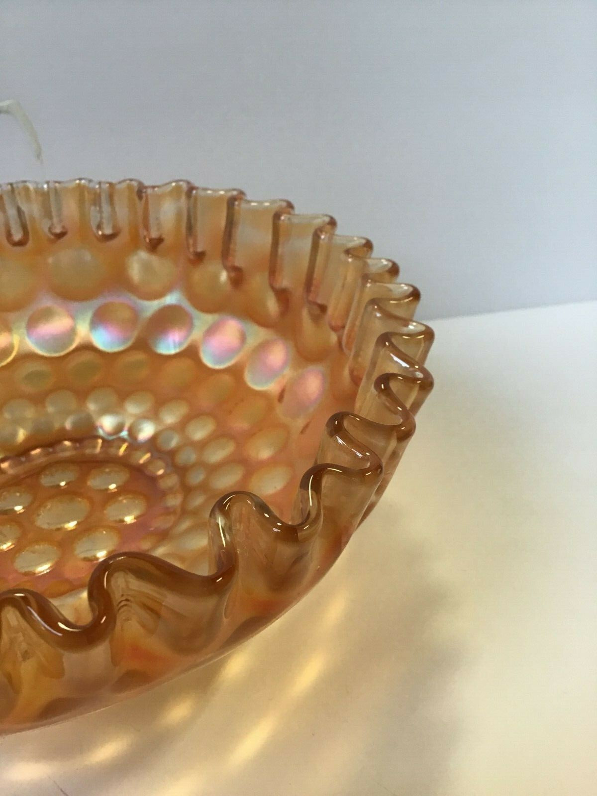7 1/2" Marigold Coin dot Pattern Small Ribbon Edge Iridescent Carnival Glass 